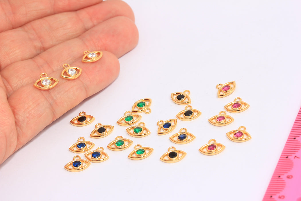 10x11mm 24 Ayar Parlak Altın Nazar Boncuğu, Mikro Taşlı Nazar Boncuğu Kolye, CZ Göz Takıları, CHK56-1
