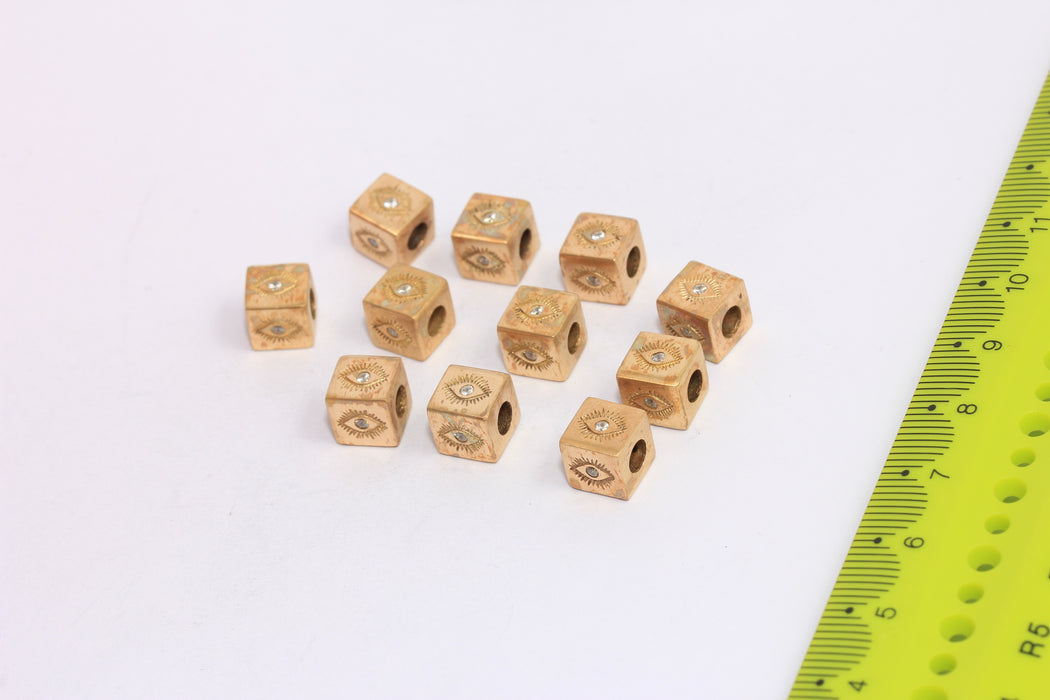 8x8mm Raw Brass CZ Eye Beads, Micro Pave Cube Eye Charms, CHK85-5