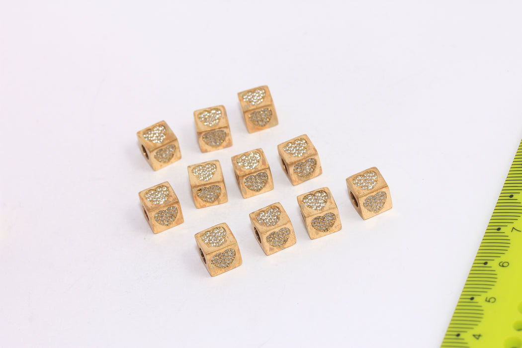 8x8mm Raw Brass CZ Heart Beads, Micro Pave Cube Heart Charms, CHK85-4