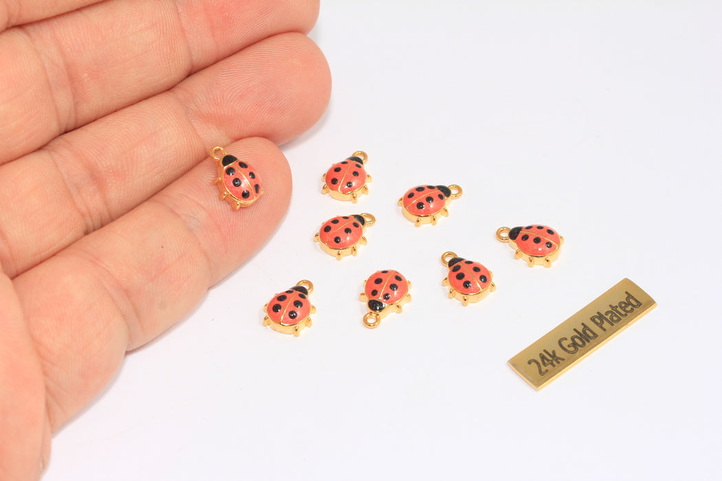 8x10mm 24k Shiny Gold Ladybug Charms, Orange Enamel Color Ladybug Charms, Ladybug Pendant, Cute Bracelet Charms, CHK69-2C