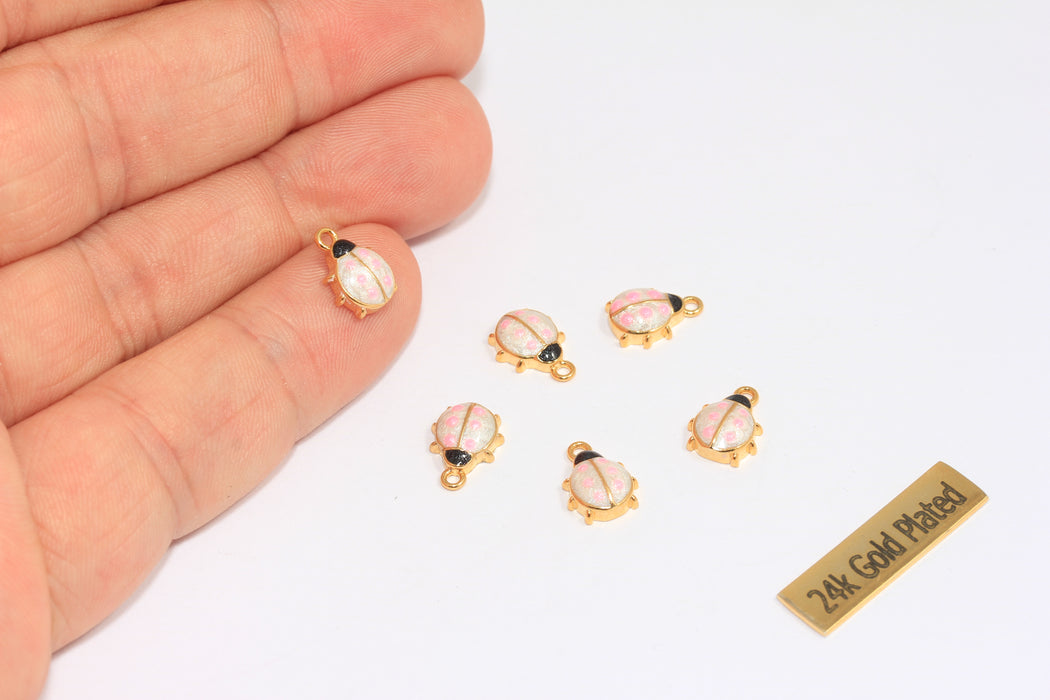 9x11mm 24 Ayar Parlak Altın Uğur Böceği Tılsımı, Kırmızı Emaye Uğur Böceği, XP533