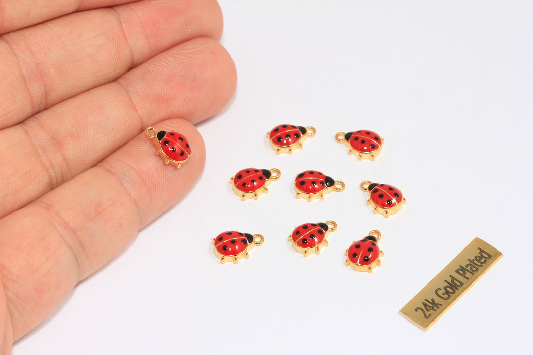 9x11mm 24 Ayar Parlak Altın Uğur Böceği Tılsımı, Kırmızı Emaye Uğur Böceği, XP533