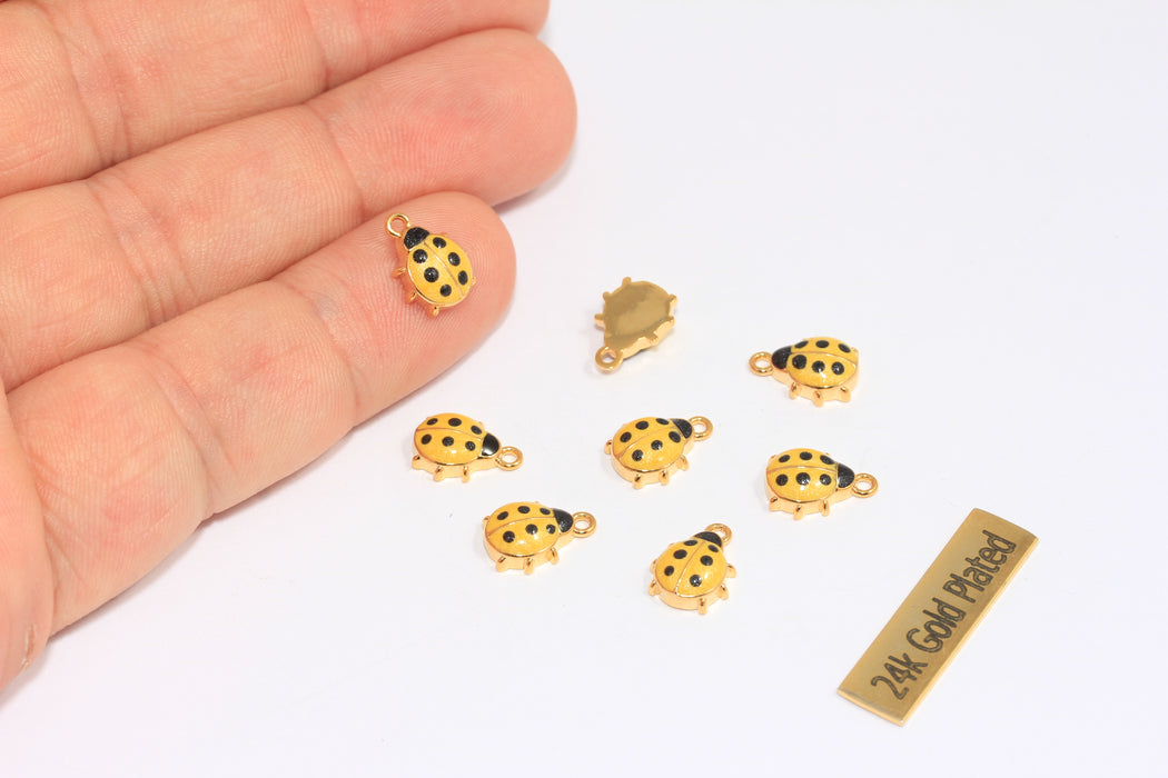 9x11mm 24 Ayar Parlak Altın Uğur Böceği Tılsımı, Kırmızı Emaye Uğur Böceği, XP533