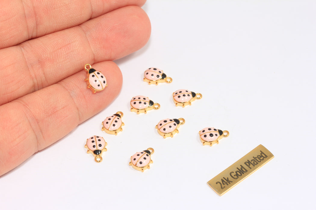 9x11mm 24 Ayar Parlak Altın Uğur Böceği Tılsımı, Kırmızı Emaye Uğur Böceği, XP533