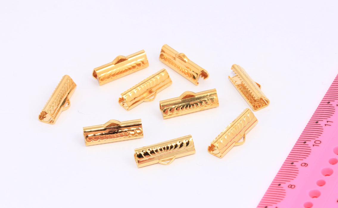 19mm 24k Shiny Gold Ribbon Crimps, Cord End, BRT411
