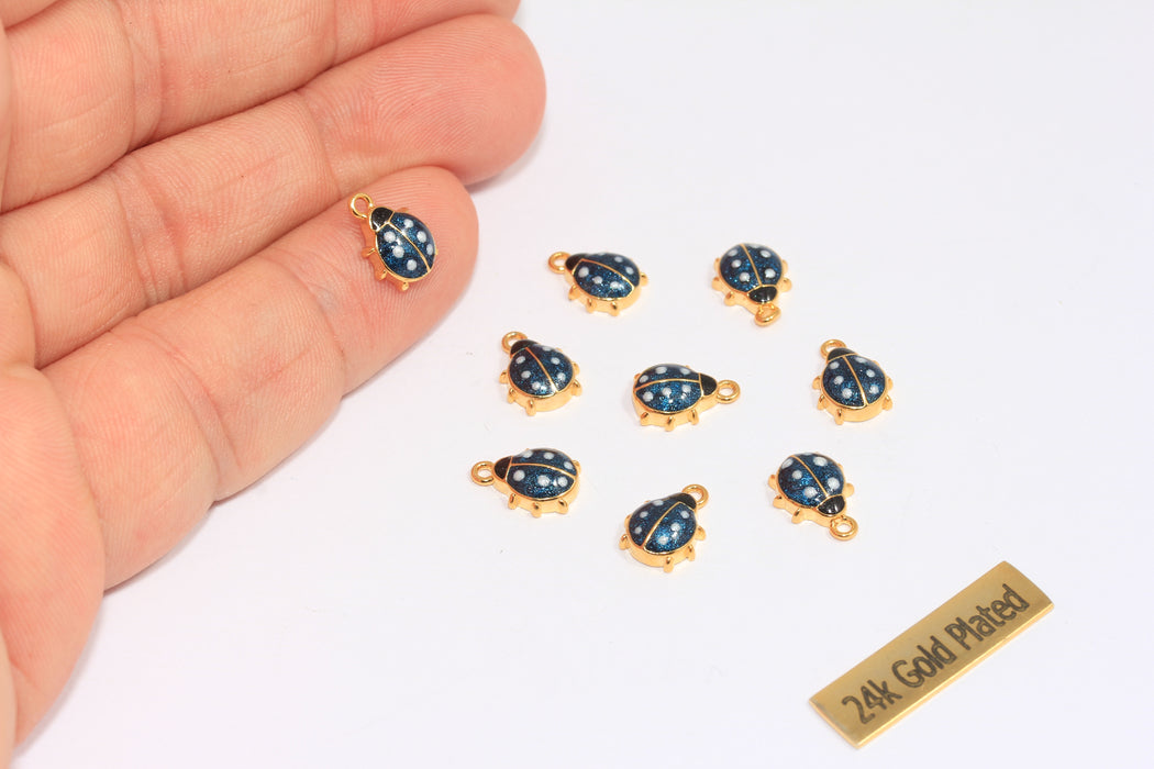 8x10mm 24k Shiny Gold Ladybug Charms, Navy Blue Enamel Color Ladybug Charms, Ladybug Pendant, Cute Bracelet Charms, CHK229-3D