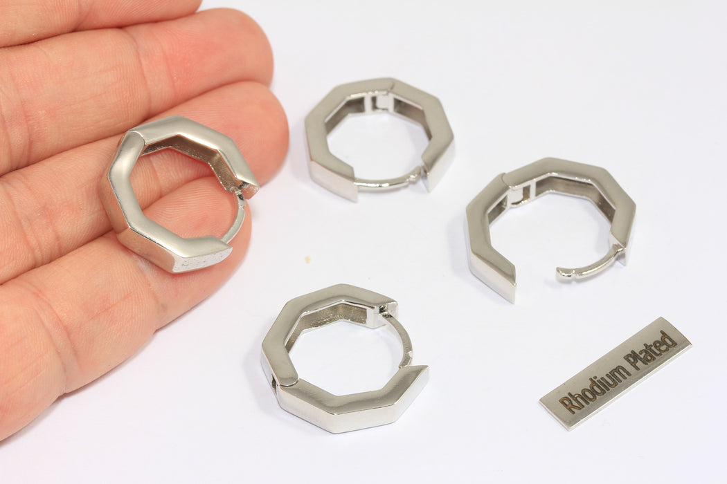 22mm Rhodium Plated Octagon Earrings, Thick Octagon Huggie Earrings, Geometric Hexagon Hoop Earrings, SLM800