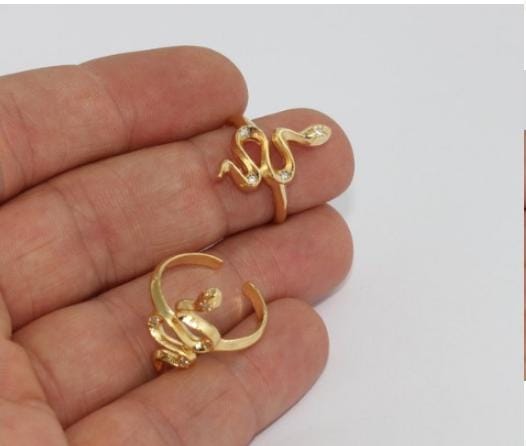 17-18mm Gold Plated Snake Ring, Adjustable Zircon Ring, Dainty Rings, Gold Snake Ring, Gold Plated Ring, White Stone Rings, GHI, BRT182