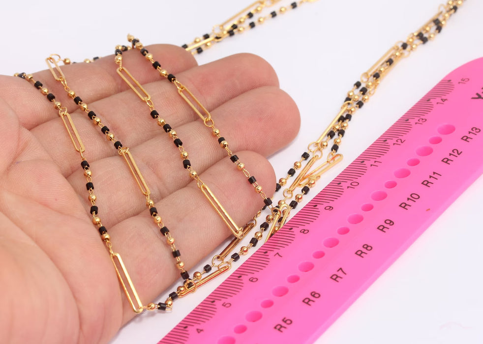 2mm 24k Shiny Gold Chain With Beads, Black Beaded Chain, Rosary Style Chains, Gold Ball Chain, Bulk Lot Chain,Jewelry Chain, BXB362