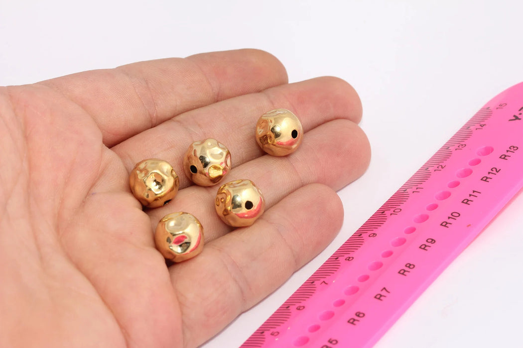 12 mm 24 Ayar Parlak Altın Top Boncuklar, Yuvarlak Çekiçlenmiş Top Takılar, Kolye Boncukları, Top Aralayıcı Boncuklar, BXB374-1