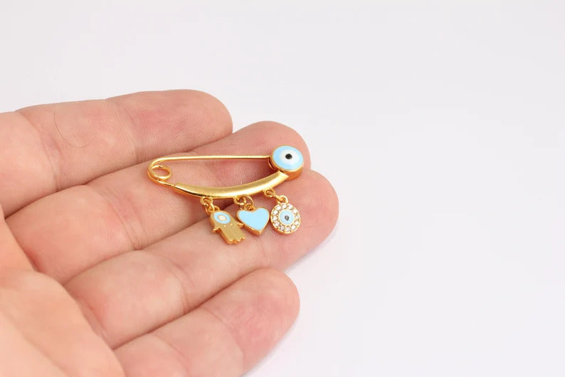 14x35mm 24k Shiny Gold Blue Evil Eye Baby Protection, Enameled Hand, Enameled Heart, Cute Evil Eye Baby Clothing Pin, KDR40-3
