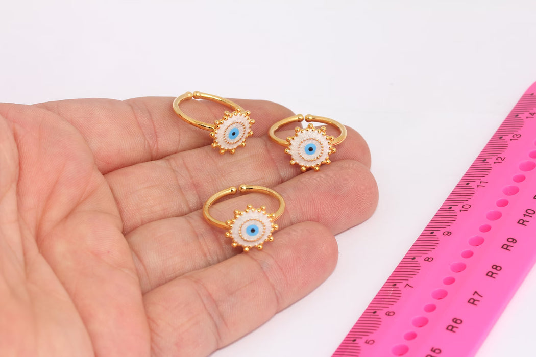 24k Shiny Gold Rings, Evil Eye Rings, Gold Sun Shape Rings, White Enamel Evil Eye Rings, Gold Plated Women's Rings, XP299