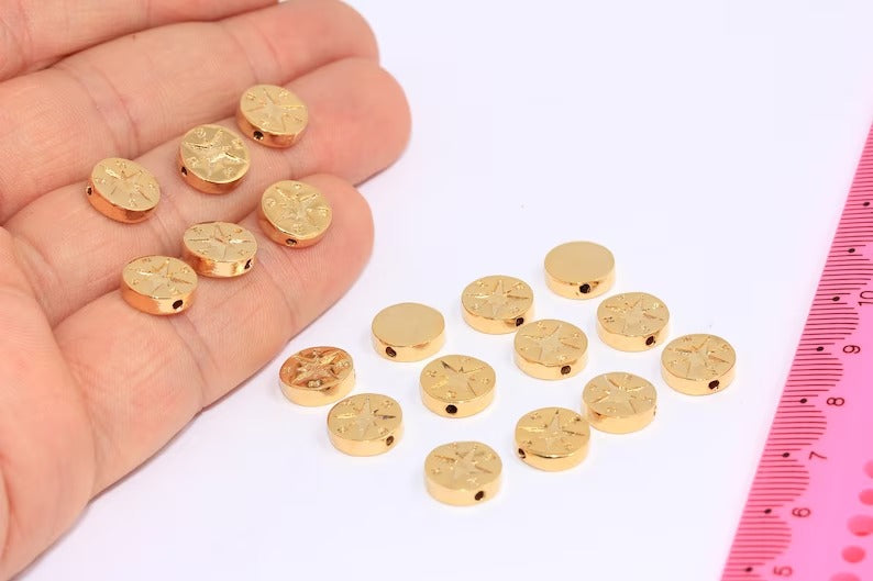 10mm 24k Shiny Gold Compass Beads, Compass Bracelet Coins Charms, Sliding Beads, Compass Coins, Gold Plated Findings, CR110