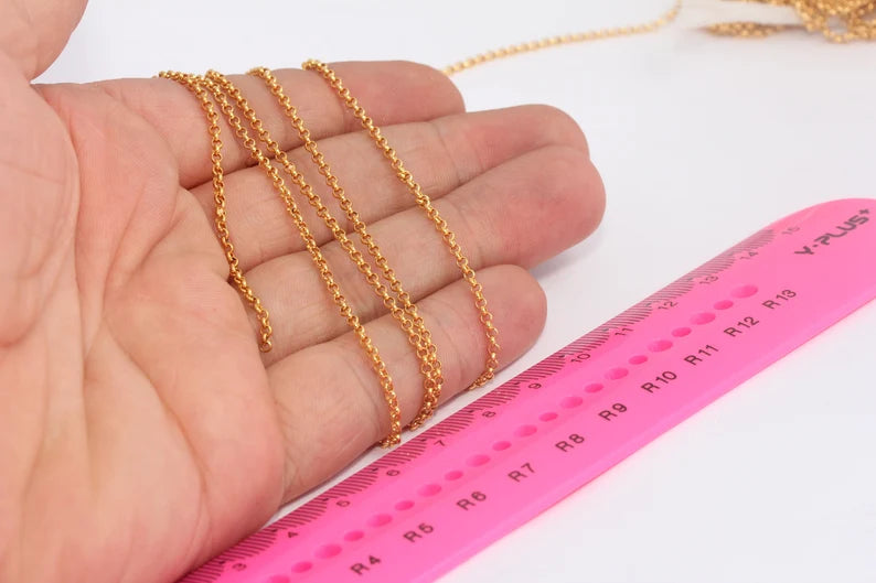 2mm 24k Matt Gold Rolo Chain, Soldered Chains, Solid Brass BXB60