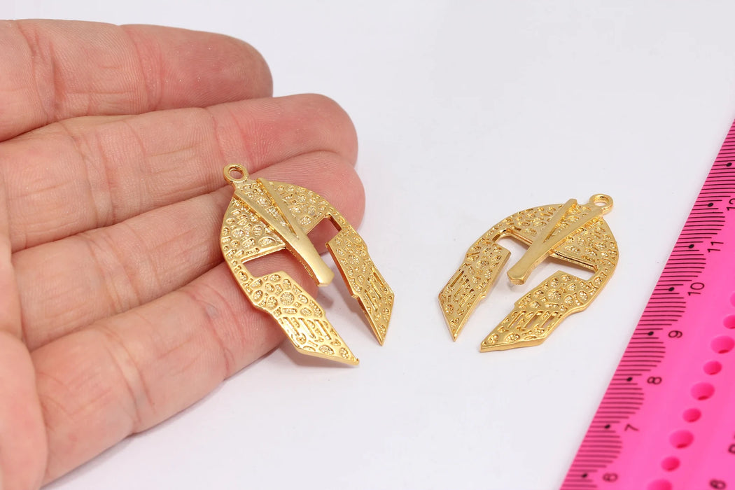 25x42mm 24k Shiny Gold Plated Helmet Pendant, Spartan Helmet, Gladiator Mask, Gold Knight, Vegas Golden Knights Hockey Charms, MTE246
