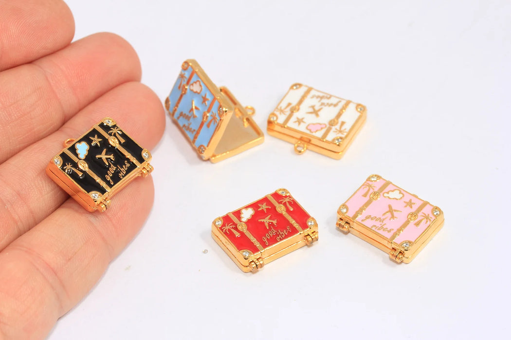 Ciondoli per borsa da viaggio in oro lucido 4k da 23 mm con zirconi cubici, perline smaltate a forma di valigia, CHK313-7