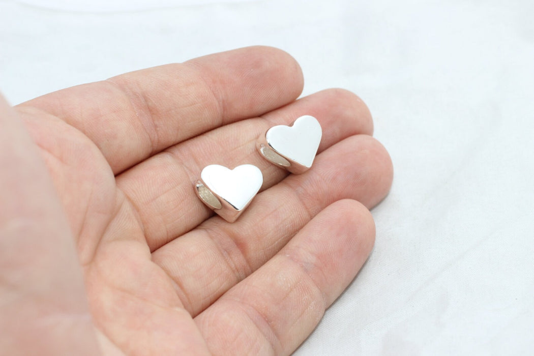 12x15mm Rhodium Plated Heart Beads, Large Hole Beads, Heart Beads, Heart Charms, Bracelet Charms, Beads, Silver Plated Findings, BRT490-12
