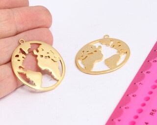 34mm 24k Matt Gold World Map Pendant, Globe Pendant, MTE585