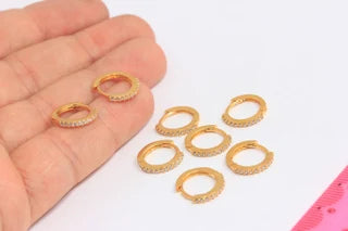 14mm 24k Shiny Gold Hoop Earrings, CZ Huggie Hoops, Micro Pave, Gold Plated Earrings, XP35