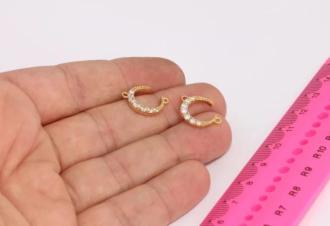 13x17mm 24k Shiny Gold Moon Bracelet Charm, Micro Pave Crescent Moon Bracelet Charm, Two Loop Moon Charms, BRT648