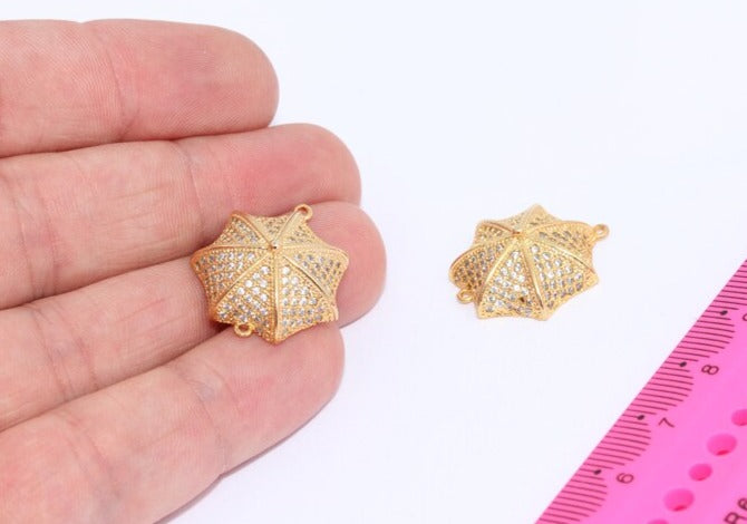 20x22mm 24k Gold Plated Umbrella Charms, Umbrella Bracelet, Cubic Zirconia Umbrella , ZRCN322