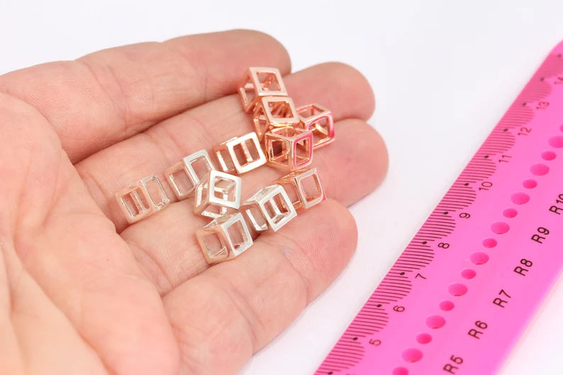 7mm Silver Plated Cube Charms, Cube Necklace, Open , MTE134
