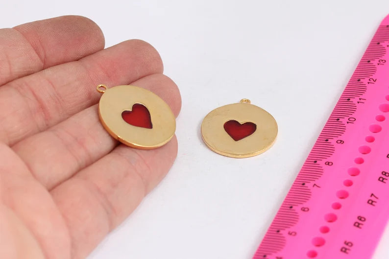 23x27mm 24k Shiny Gold Red Enamel Heart Charm,Gold MTE184