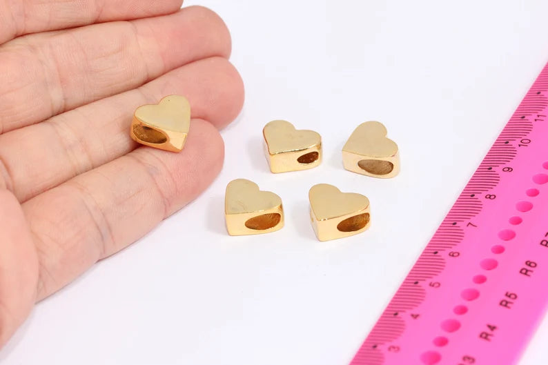 12x15mm 24 Ayar Parlak Altın Kalp Boncuklar, Büyük Delikli Boncuklar, MTE51