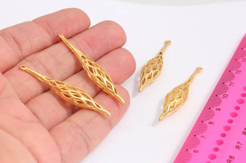 Barra in filigrana in oro opaco 24k 7x47 mm, pendente in pizzo, oro lungo MTE74