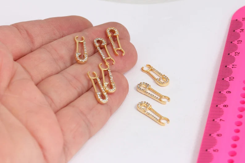 Shiny Gold Plated Cz Safety Pin Charm