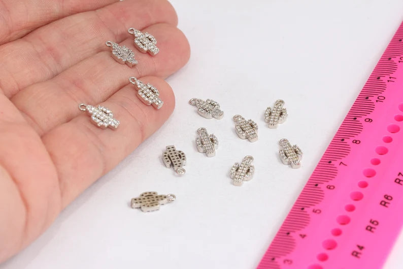 6x12mm Rhodium Plated Cactus Charm, Necklace Charm, MTE151