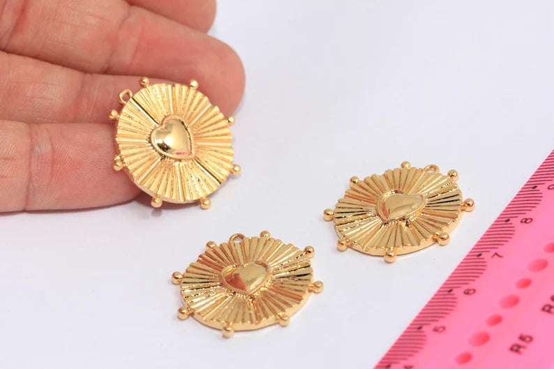 27x28mm 24k Shiny Gold Heart Charms, Love Necklace, Round Heart Medallion, Necklace Heart Pendant, Gold Plated Findings, MTE413