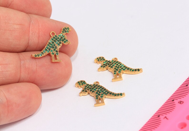 16x20mm 24k Shiny Gold Plated Dinosaur Charm, Micro Pave Godzilla Charms, CZ Dinosaur Pendant Charms, Green Stone Dinosaur Charms, SLM116