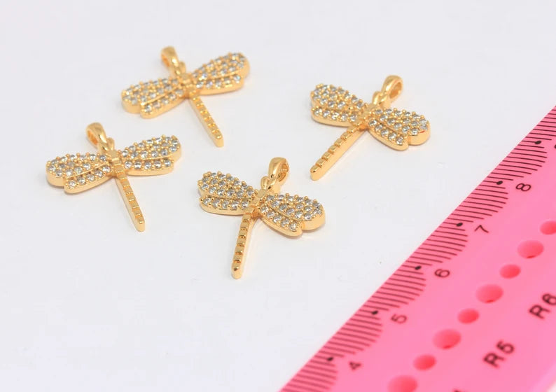 19x23mm 24k Shiny Gold Charms, Micro Pave Dragonfly, CZ Dragonfly Beads, Micro Pave Necklace Charms, CZ Butterfly Pendant, SLM765