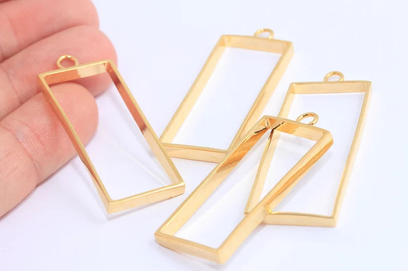 18x63 mm 24 Ayar Parlak Altın Dikdörtgen Charm, Altın Çerçeve Charmlar, Çerçeve Madalyon Charmlar, Büyük Dikdörtgen, Altın Kaplama Bulgular, MTE78