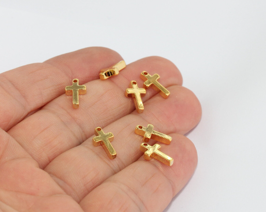 7x11mm - 24k Shiny Gold Cross Charms, Gold Cross Pendant, BRT819