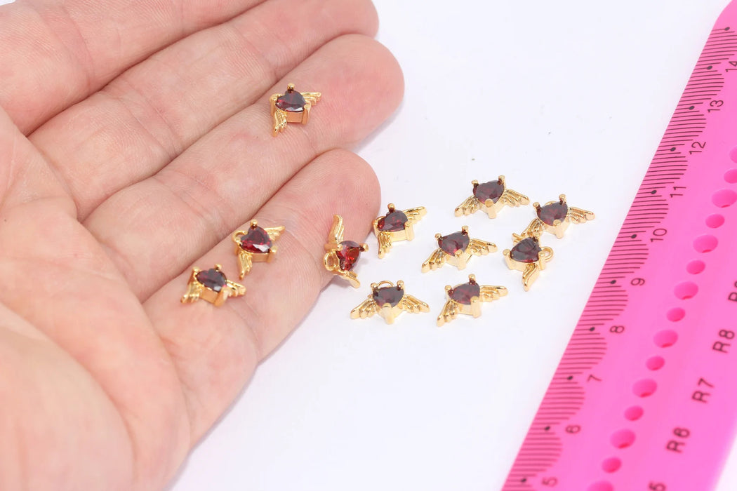 8x13 mm 24 Ayar Parlak Altın Kaplama Melek Takıları, Mikro Döşeme Melek Boncukları, Şarap Rengi Taş Boncuklar, Mikro Döşeme Kanatlar, Altın Boncuklar, MLS250
