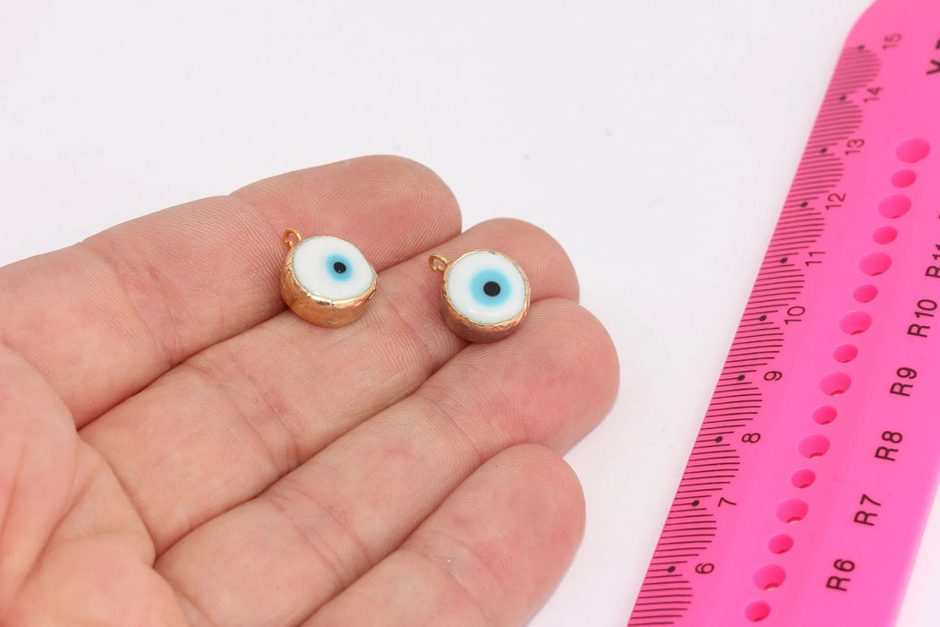 11x14 mm 24 ayar parlak altın kaplama nazar boncuğu, beyaz nazar boncuğu, mine nazar boncuğu, bilezik nazar kolye ucu, altın kaplama boncuklar, MLS265