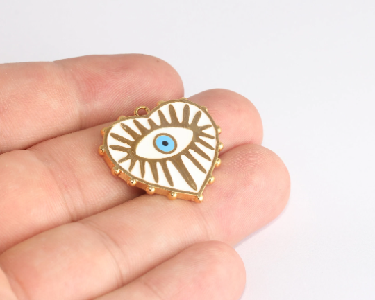 27x28mm 24k Shiny Gold Heart Medallion, White Evil Eye , XP386