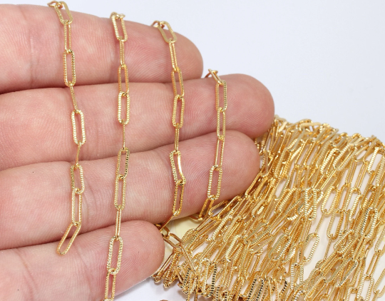 3x10mm 24k Shiny Gold Link Chain, Gold Bar Chain, Gold Serrated Chain, CHK548
