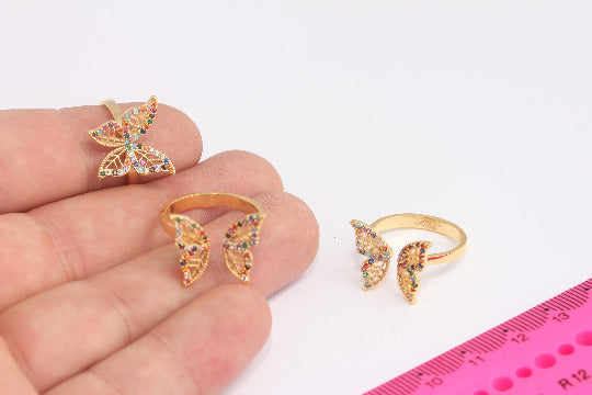 18-19mm 24k Shiny Gold Ring, Micro Pave Butterfly Rings, CZ Mix Stone Rings, CZ Stacking Butterfly Rings, CZ Women's Rings, MLS912