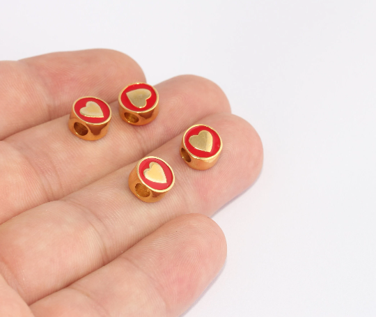 8 mm 24 ayar Parlak Altın Kalp Charms, Kırmızı Emaye, Altın SLM1024
