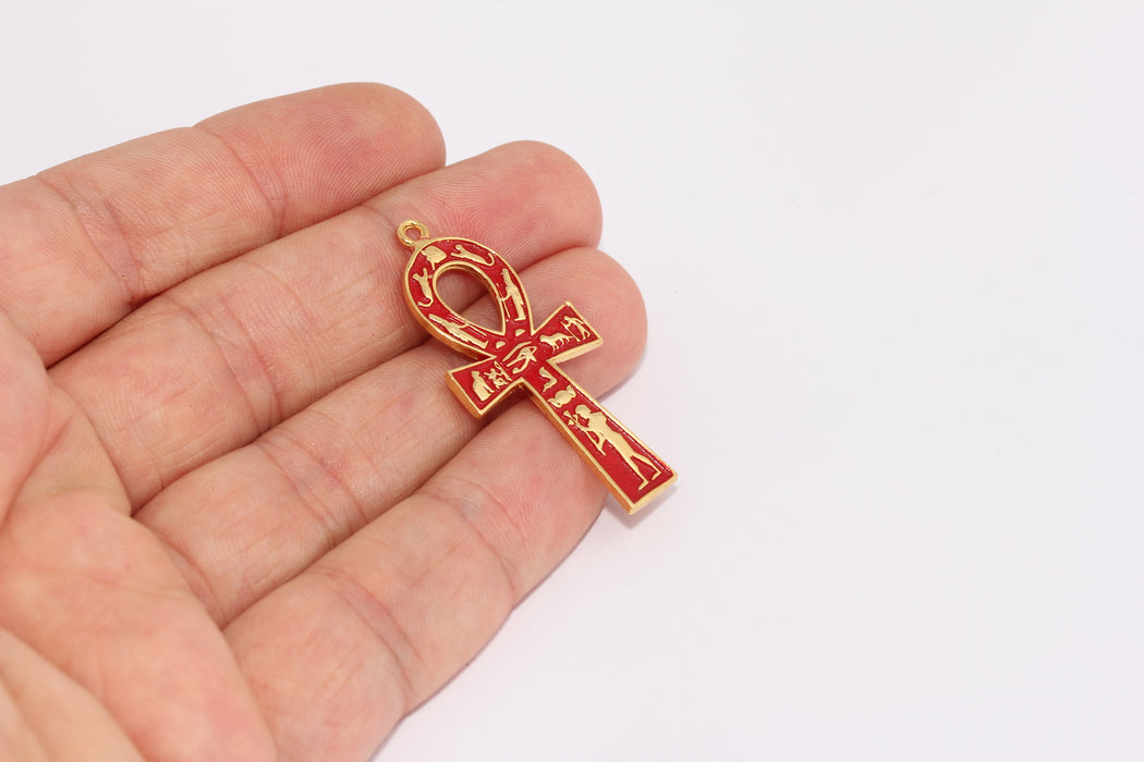19x42mm 24 ayar Parlak Altın, Ankh Charms, Ankh, Kırmızı Emaye, Altın XP22