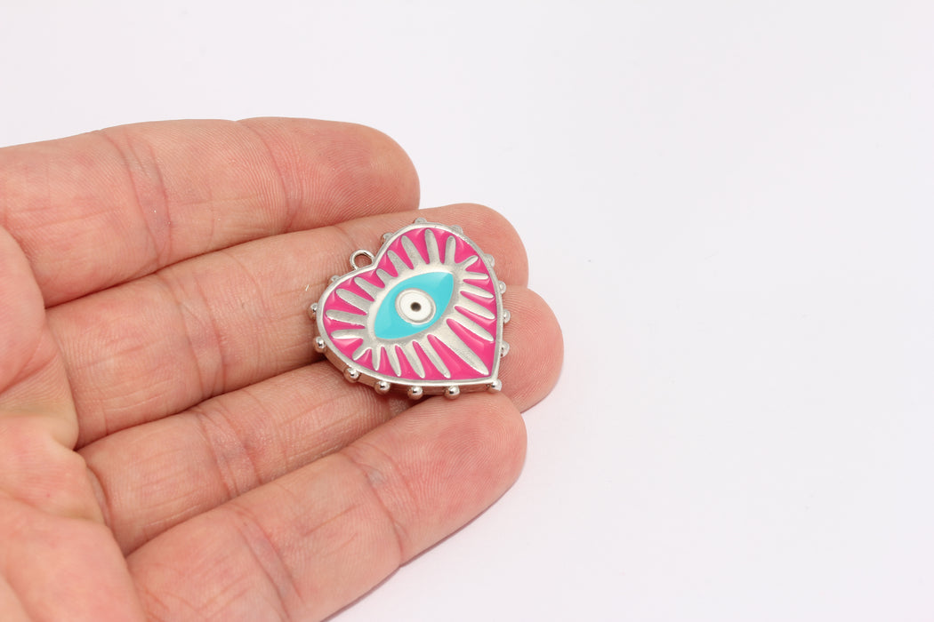 26x28mm Rhodium Plated Heart Charms, Medallion ,Pink XP11