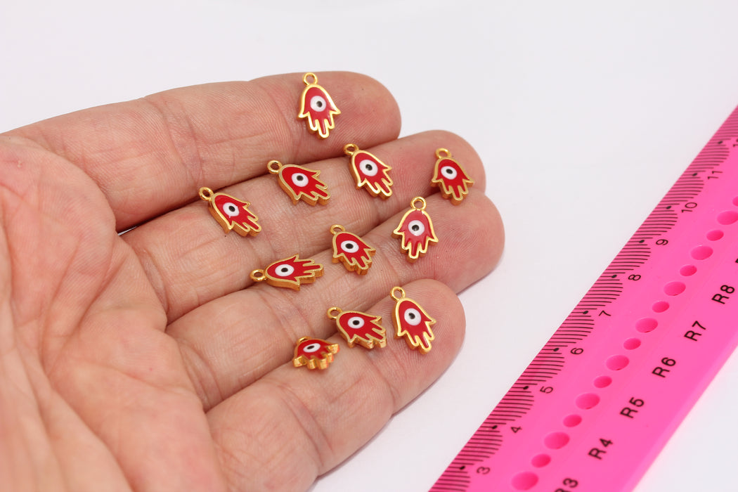 8x12mm 24 ayar Parlak Altın Charm, Kırmızı Emaye Hamsa, Charms SLM231