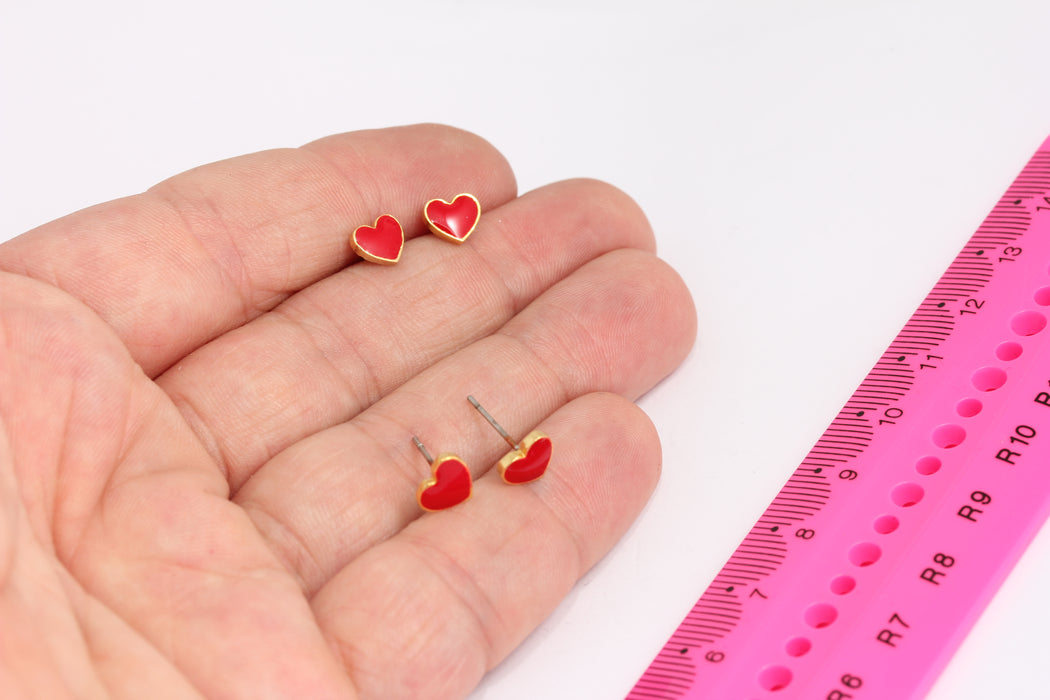7mm 24k Shiny Gold Heart Earrings, Red Enamel Heart Stud , SLM245
