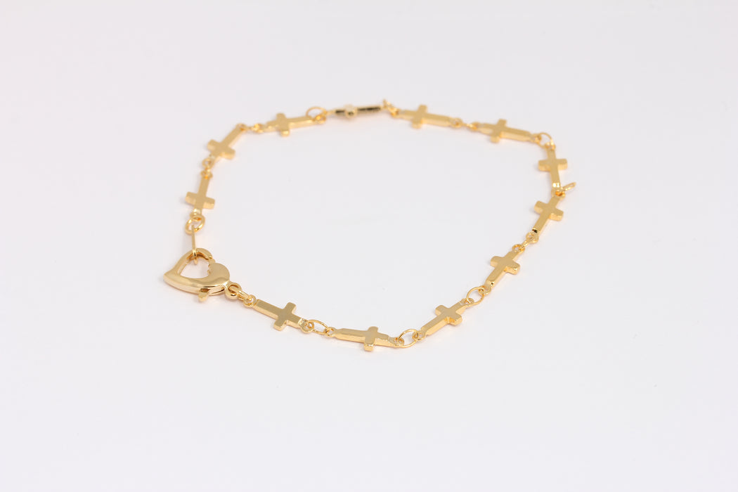 5x13mm 24k Shiny Gold Cross Anklet, Summer Anklet With Cross Charms, BXBX395-9