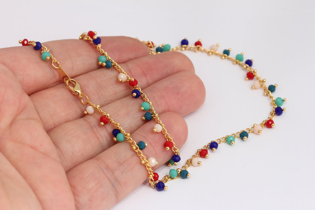 24k Shiny Gold Rosary Necklace, Ready Colorful Beaded , BXB395-10
