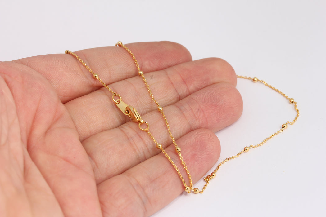 1mm 24k Shiny Gold Ball Necklace, Finished Ball Beaded Chains, BXB395-15