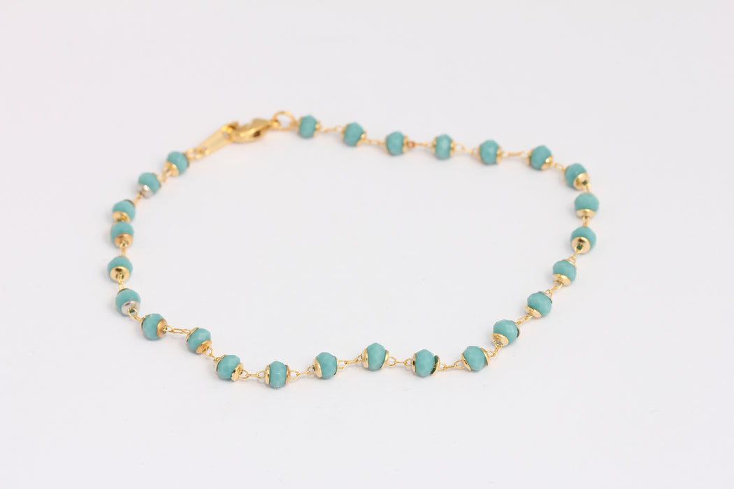 0,9mm 24k Shiny Gold Rosary Bracelet, Ready Bracelet With Blue Stone Beads, BXB395-43